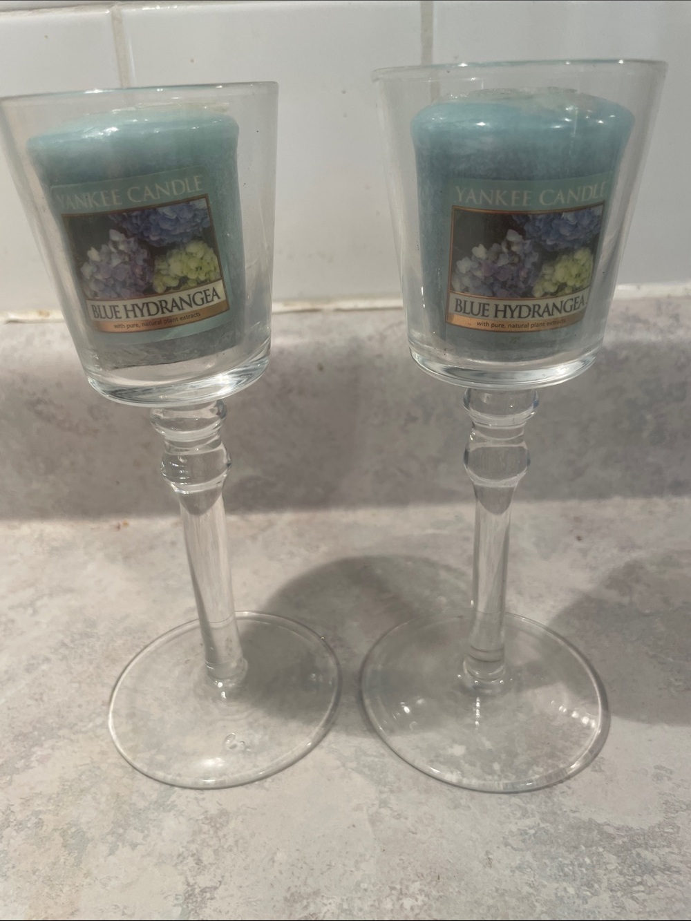 Hand Blown Holders & Yankee Candle Blue Hydrangea